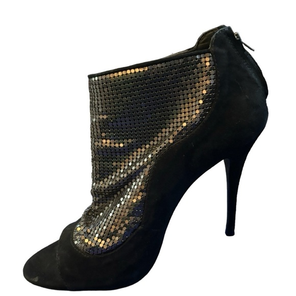 Elizabeth and James Black Suede Silver Metallic Peep Toe Heeled Booties Size 7.5 - Picture 5 of 9